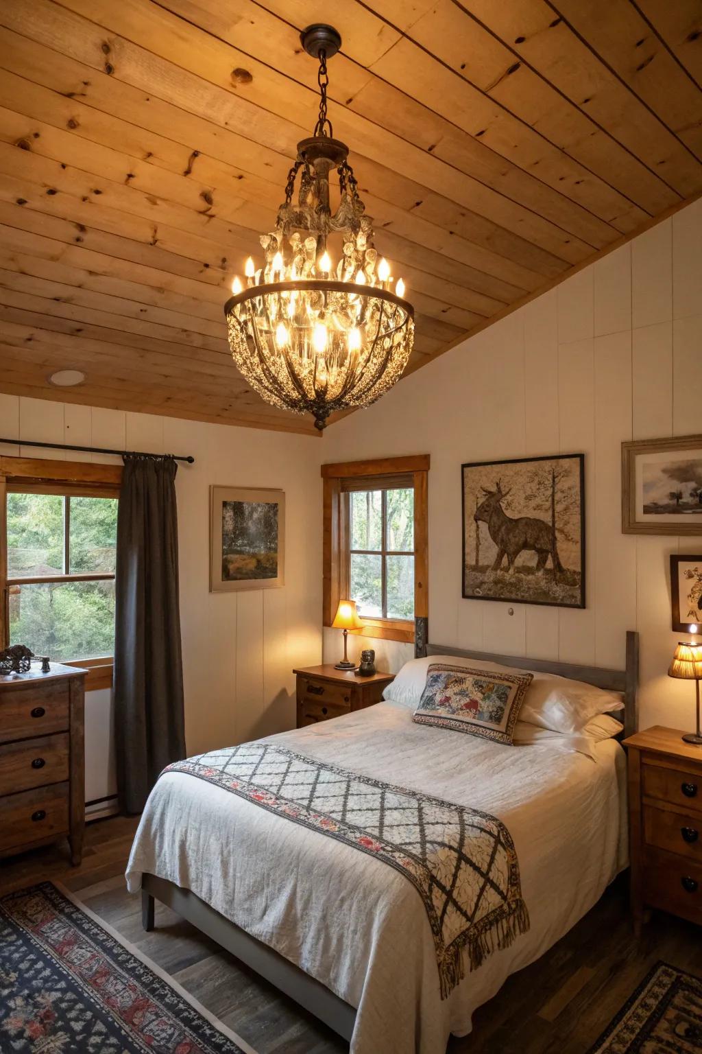 A cabin bedroom with a vintage chandelier and unique art.