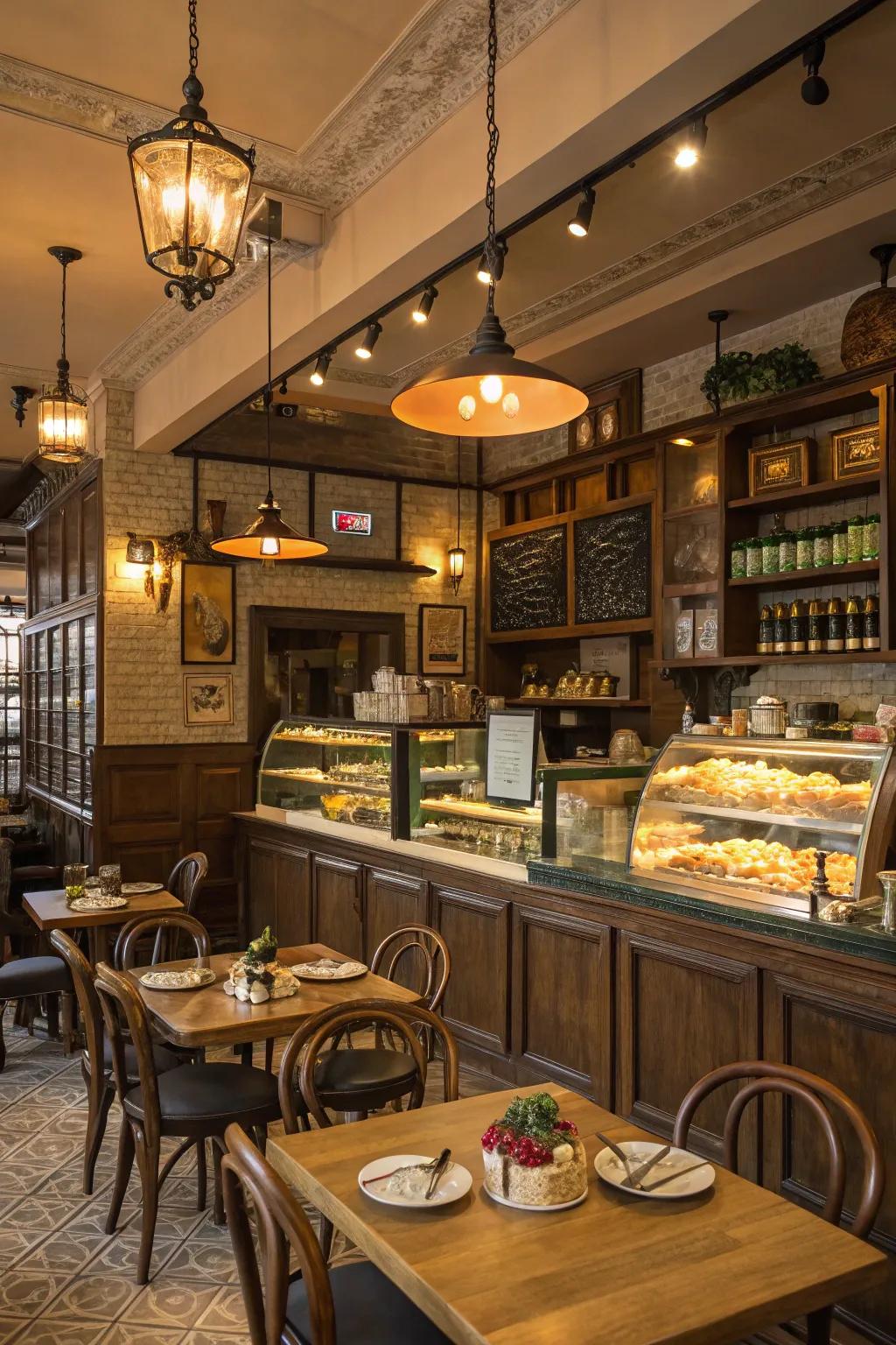 A café interior demonstrating a well-balanced layered illumination scheme.