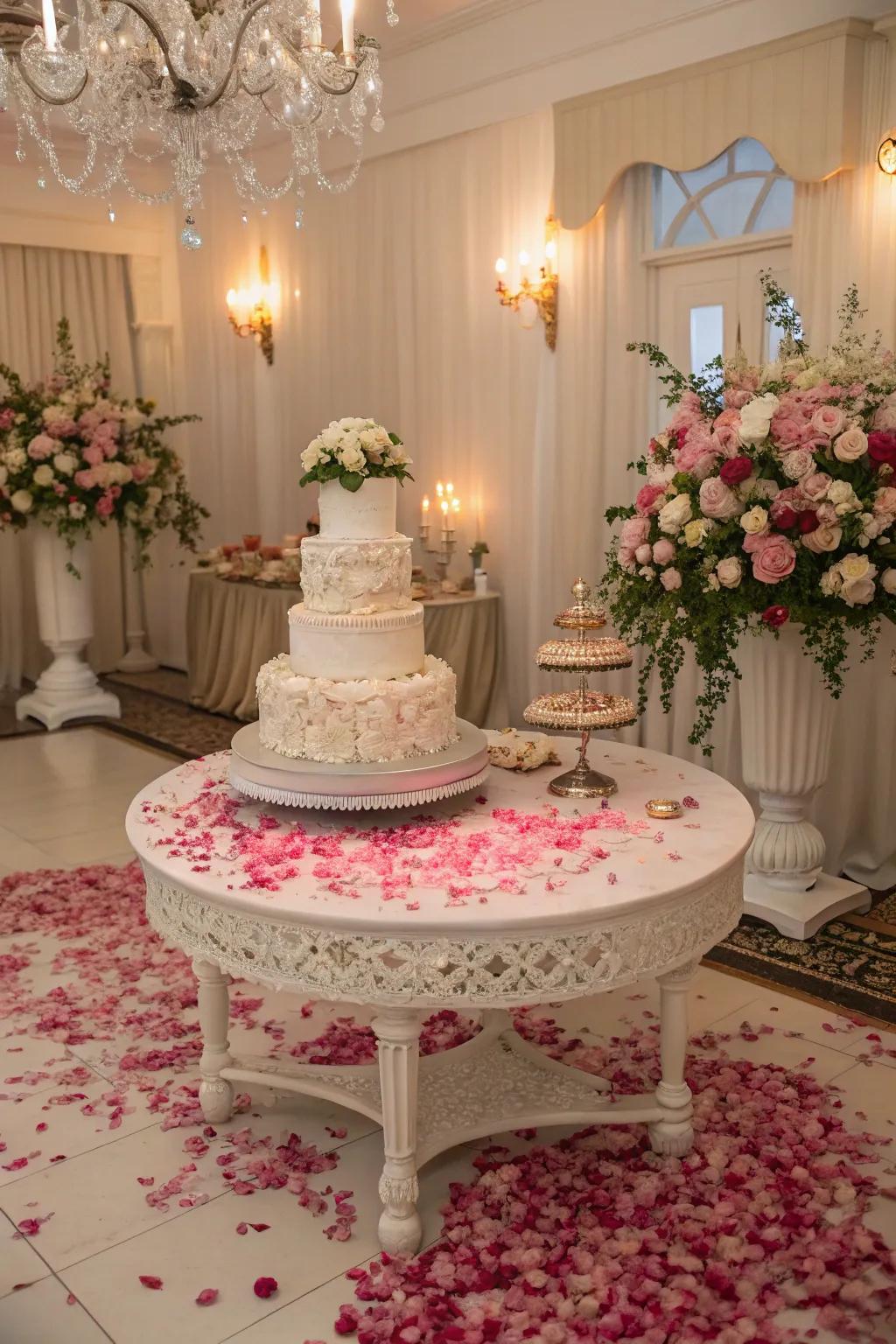 A cake display encircled by enchanting petals, realizing a heartfelt and organic confetti impact.