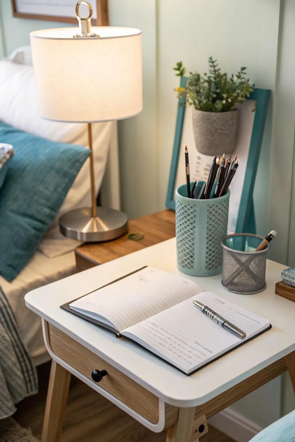 Reflect and unwind with a journal station in your tranquil corner.
