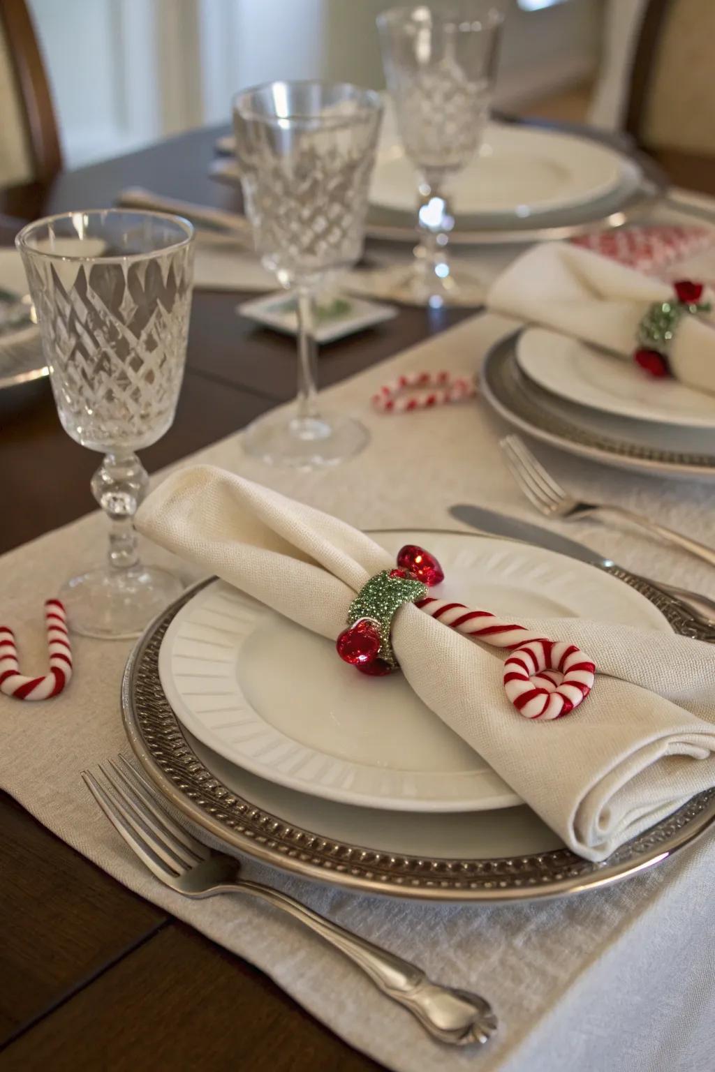Incorporate a personal touch with peppermint stick napkin clasps.