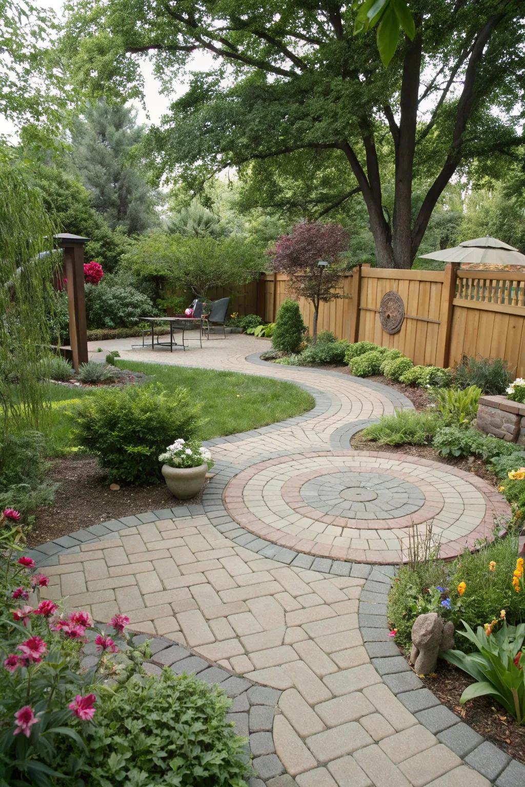 Fascination and playfulness added with round paver walkways.