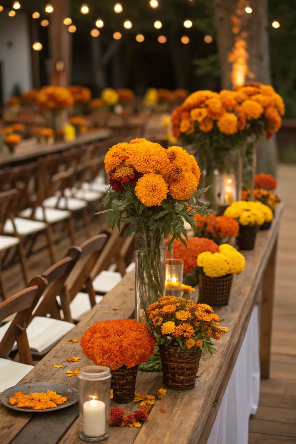 Gold flowers add affordable warmth to displays.