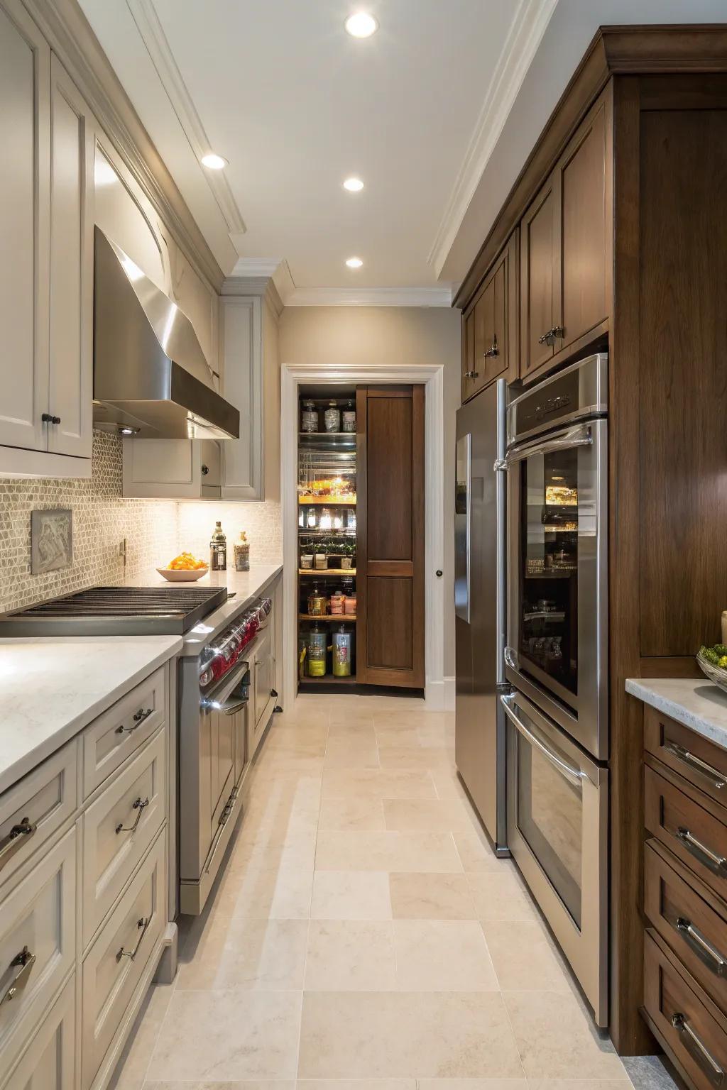 A concealed service pantry that keeps the kitchen tidy and organized.