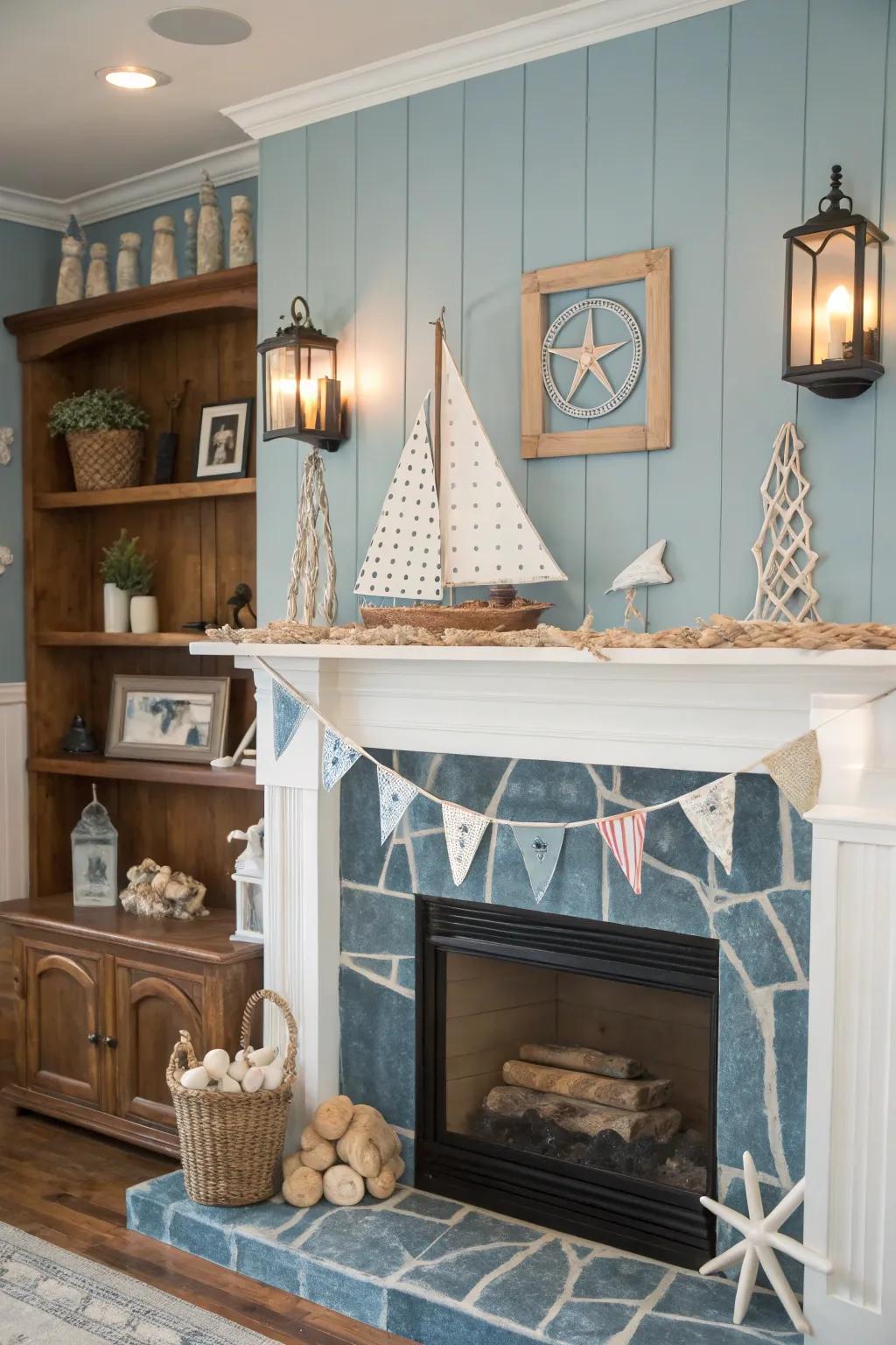 Nautical motifs enveloping the hearth evoke a serene littoral escape.
