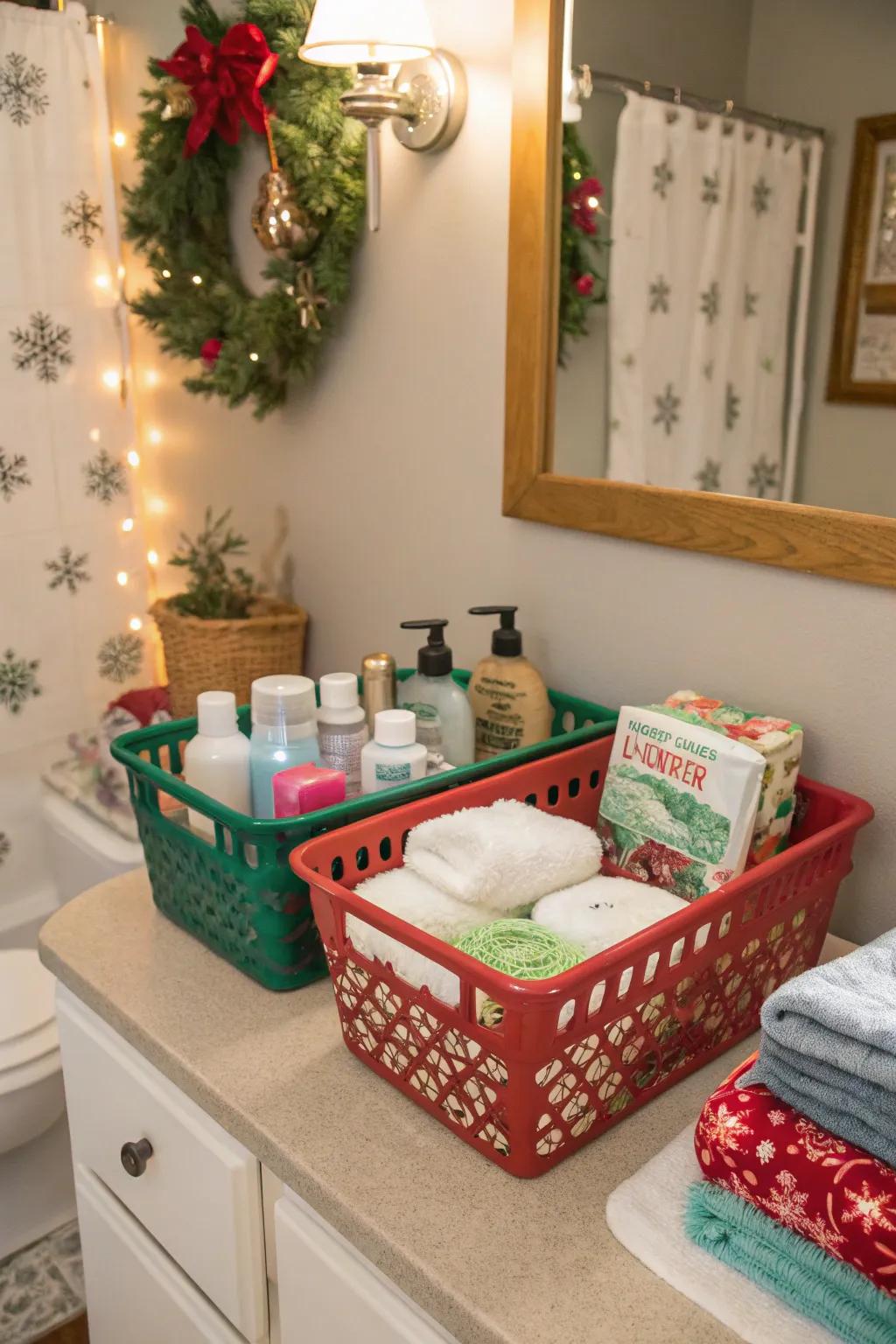 Christmas-themed storage canisters systematize and amplify the holiday theme.