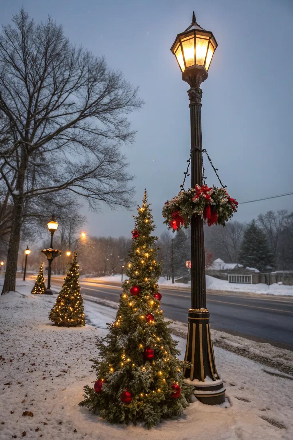 Mini Festive Evergreens add festive beauty to the base of a lamp post.