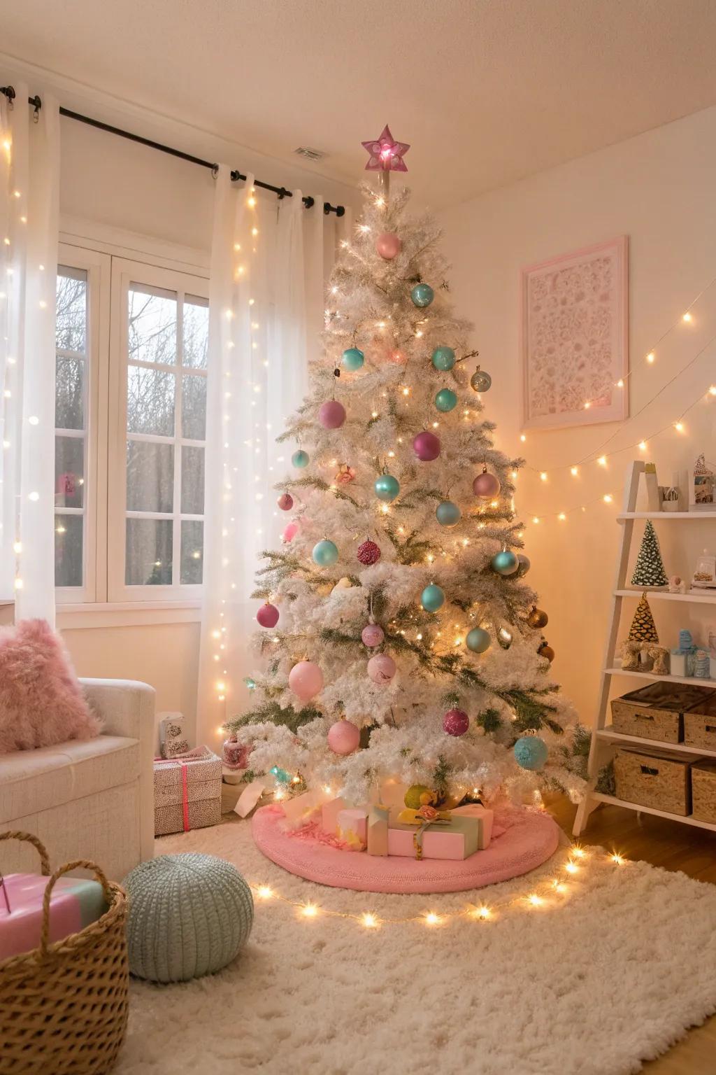 A dreamy Christmas tree showcasing soft-hued lights and ornaments, ideal for a light-hearted festive atmosphere.