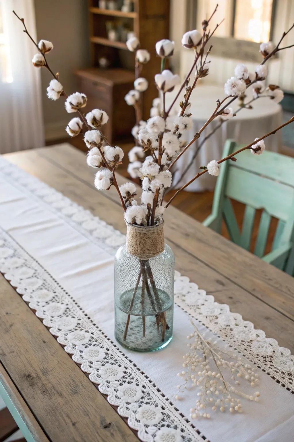 Farmhouse allure: cotton branches contribute subtlety and coziness.