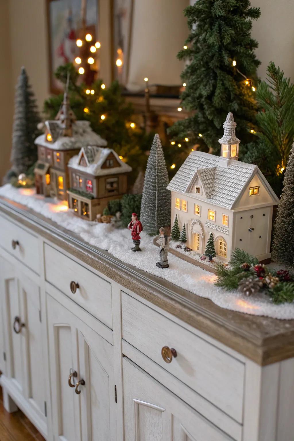 A delightful Christmas village scene showcasing miniature houses and trees.