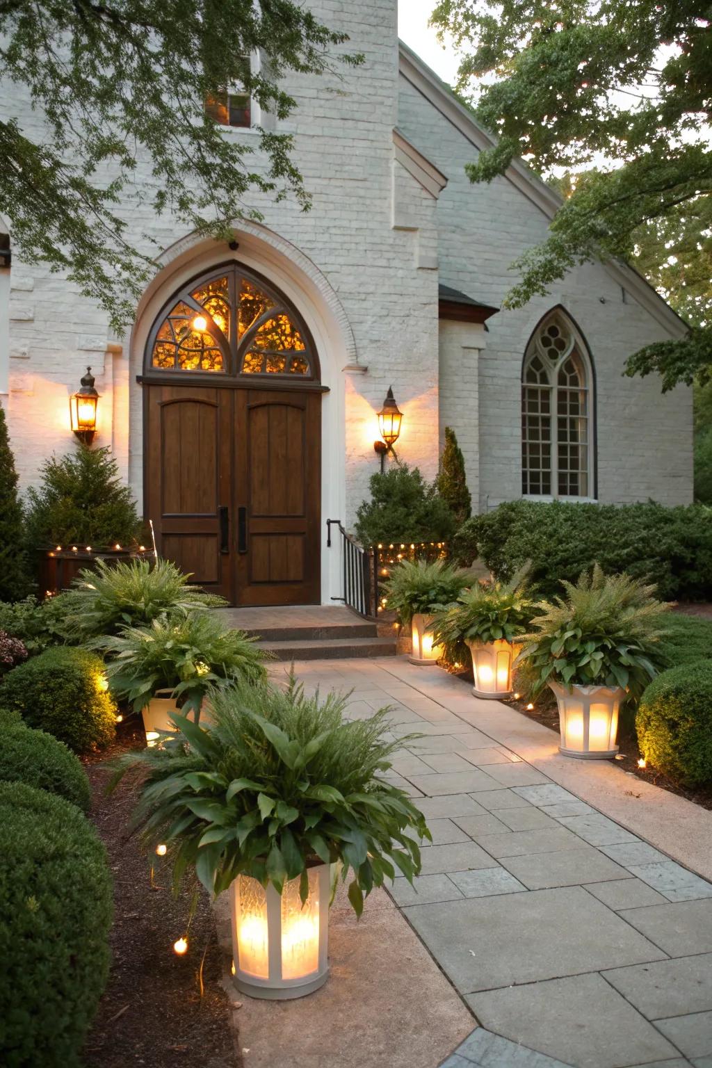 Church doorway featuring outdoor planters and lights.