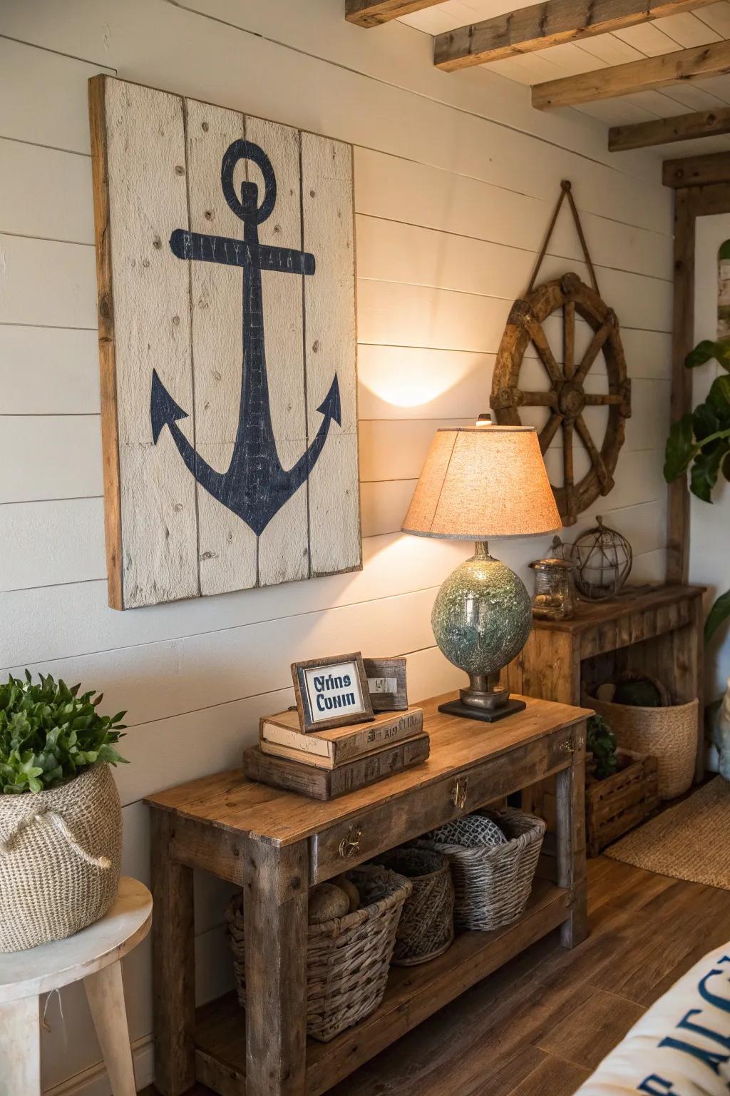 A rustic nautical marker imparting personal flair to coastal decor.