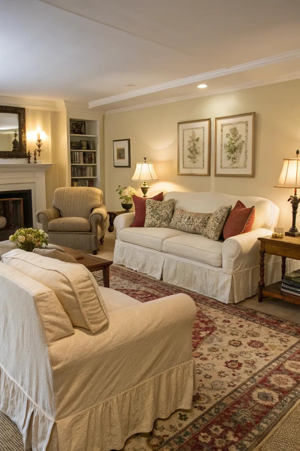 Covered furnishings for a relaxed vibe.
