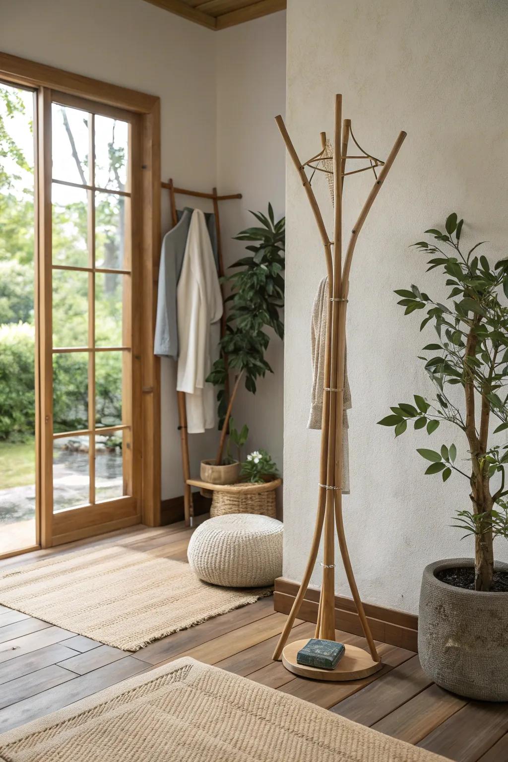 A bamboo coat display, embodying simplicity and inherent elegance.