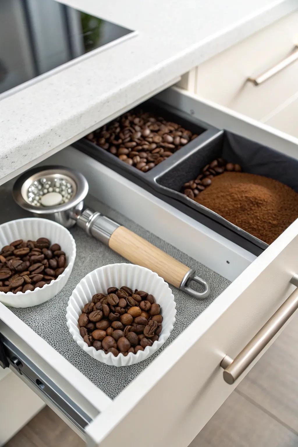 A minimalist aesthetic maintains a serene and clutter-free coffee drawer.