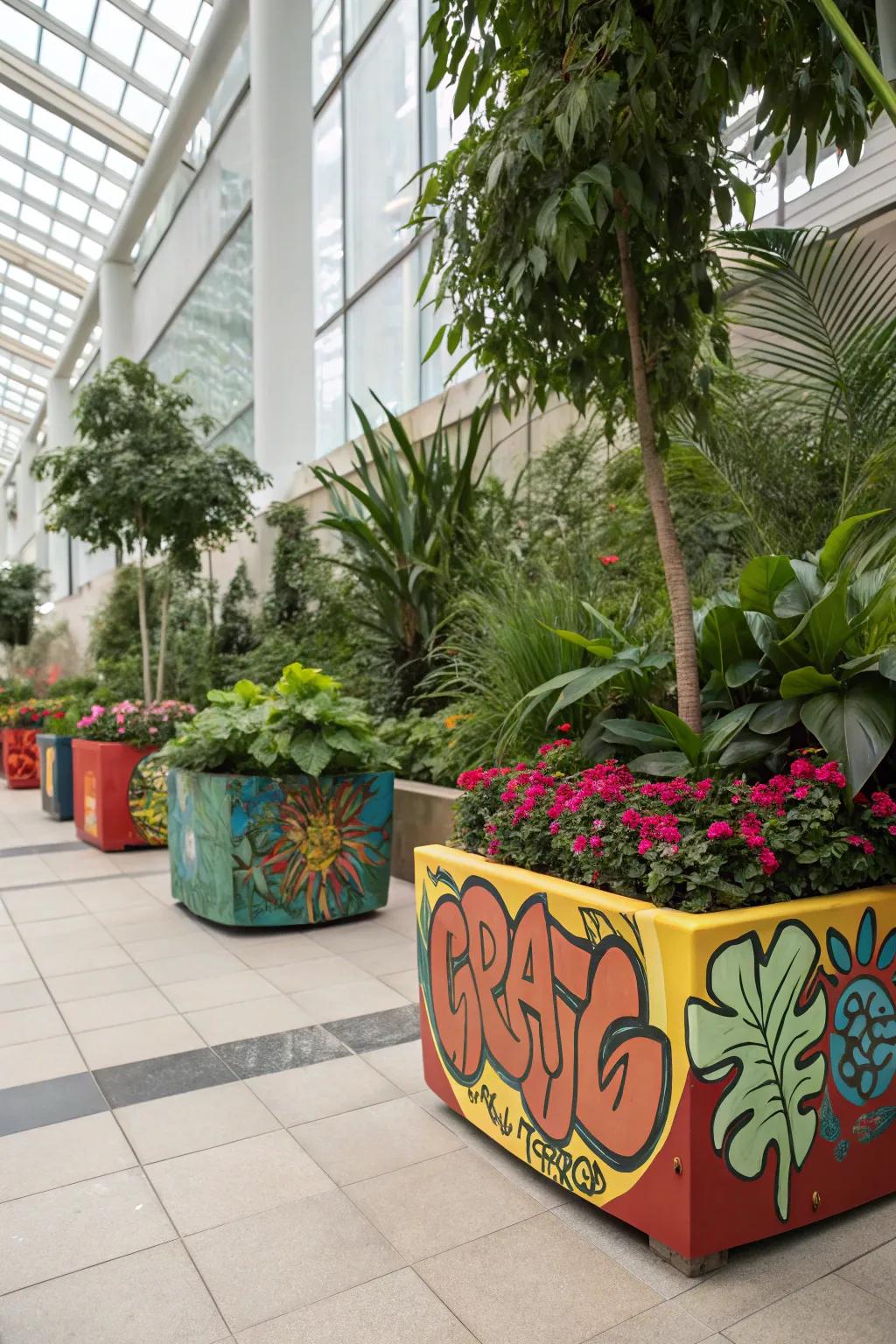 An indoor garden space with graffiti-decorated plant pots.