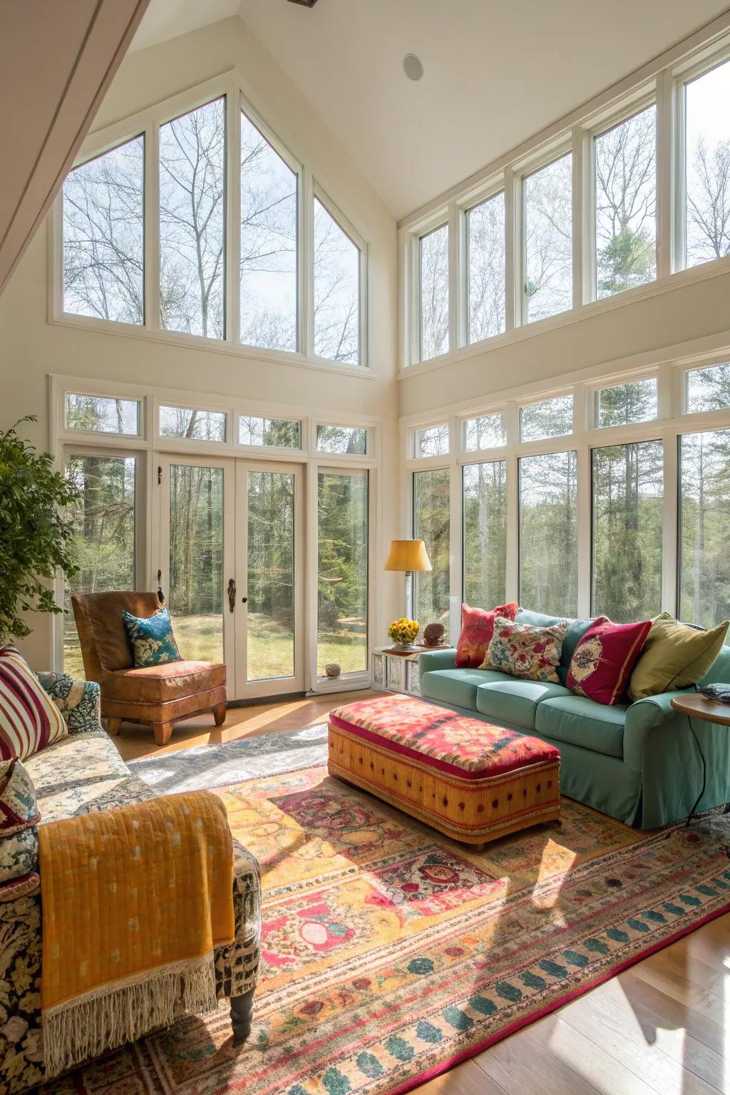 Full-length windows illuminate the vibrant decor in this airy living room.
