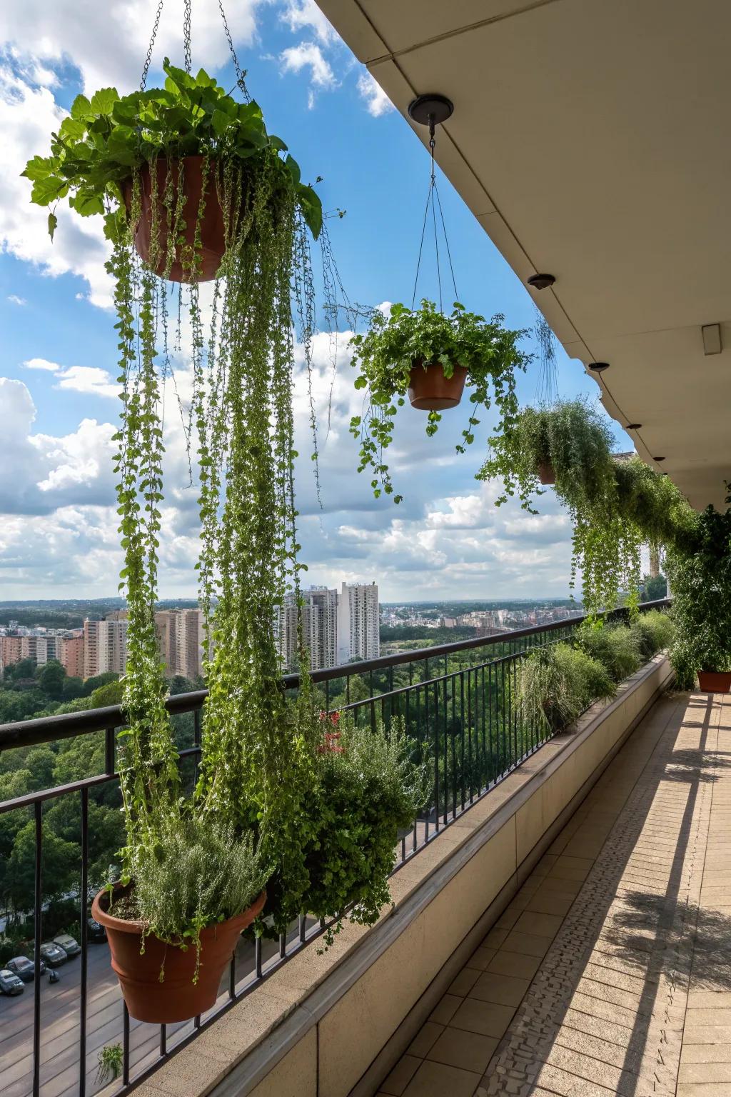 Hanging containers add upright interest to small spaces.
