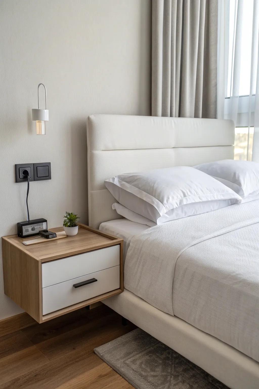 Floating nightstands provide practicality and modern flair.