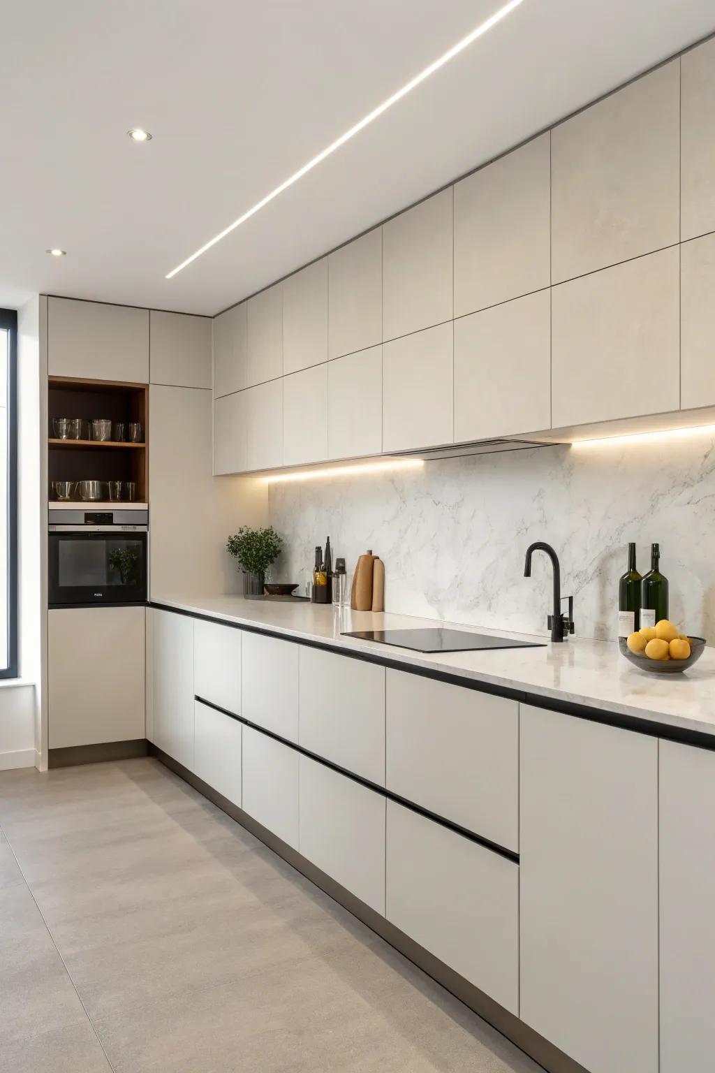 Polished and minimalist outline end treatments for a modern, uncluttered kitchen.