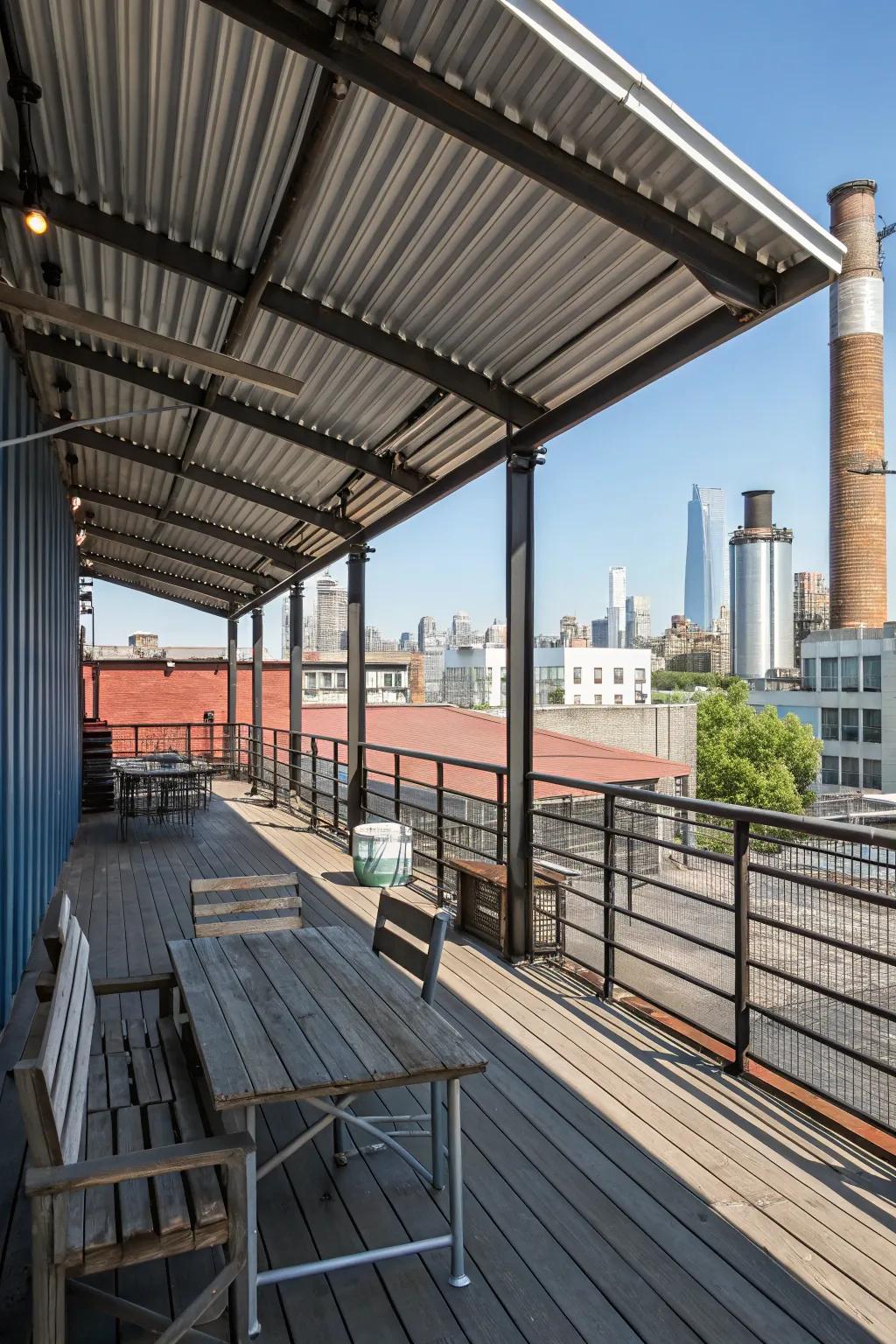 An industrial chic deck featuring a ridged metallic roof.