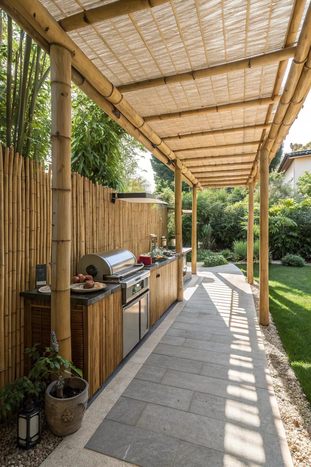 A cane breezeway adding an exotic touch to a grilling area.
