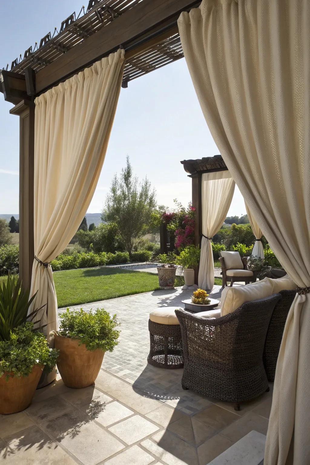 Outdoor curtains offer privacy and elegance.