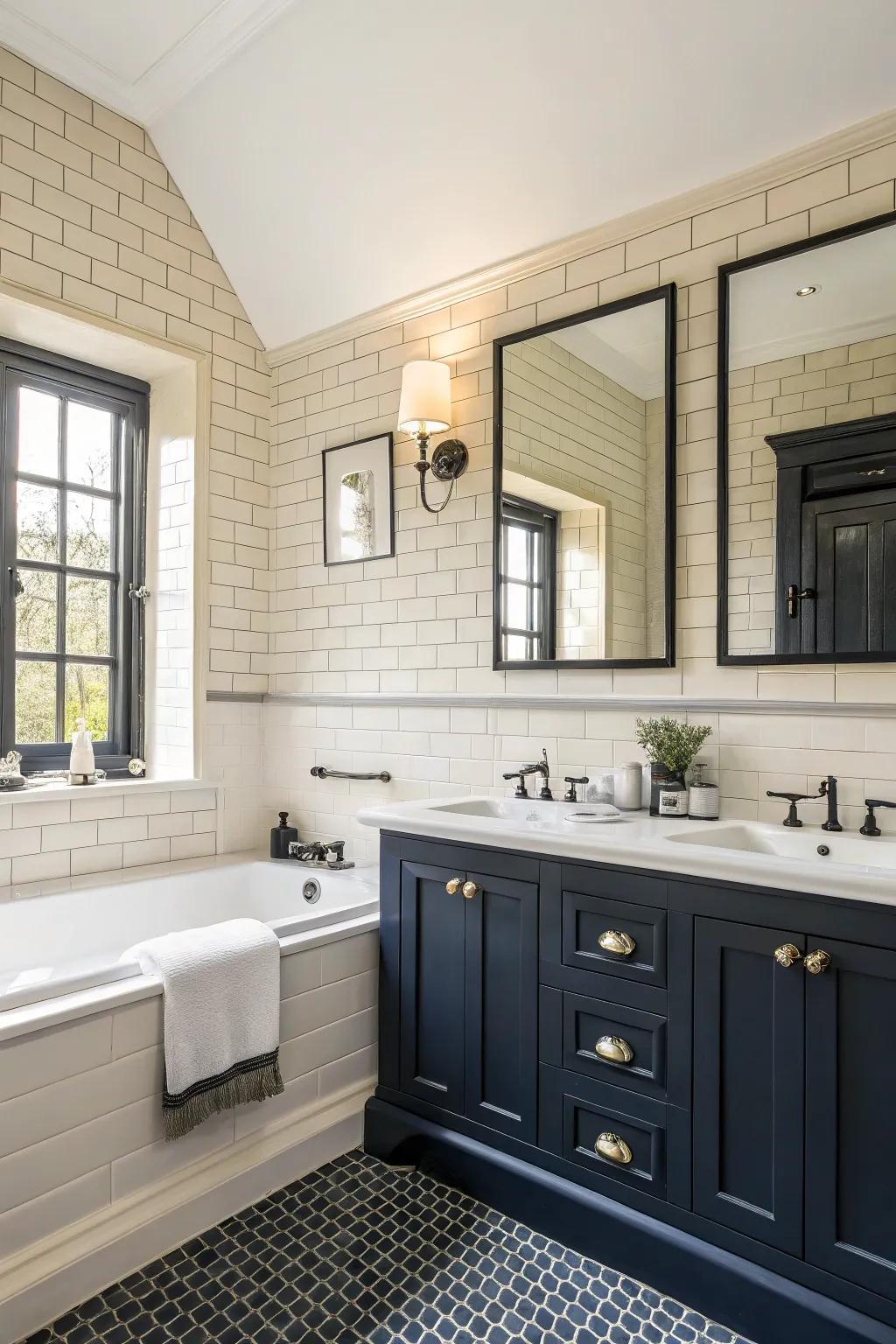 Opposing colors append spectacle to this cream bathroom.