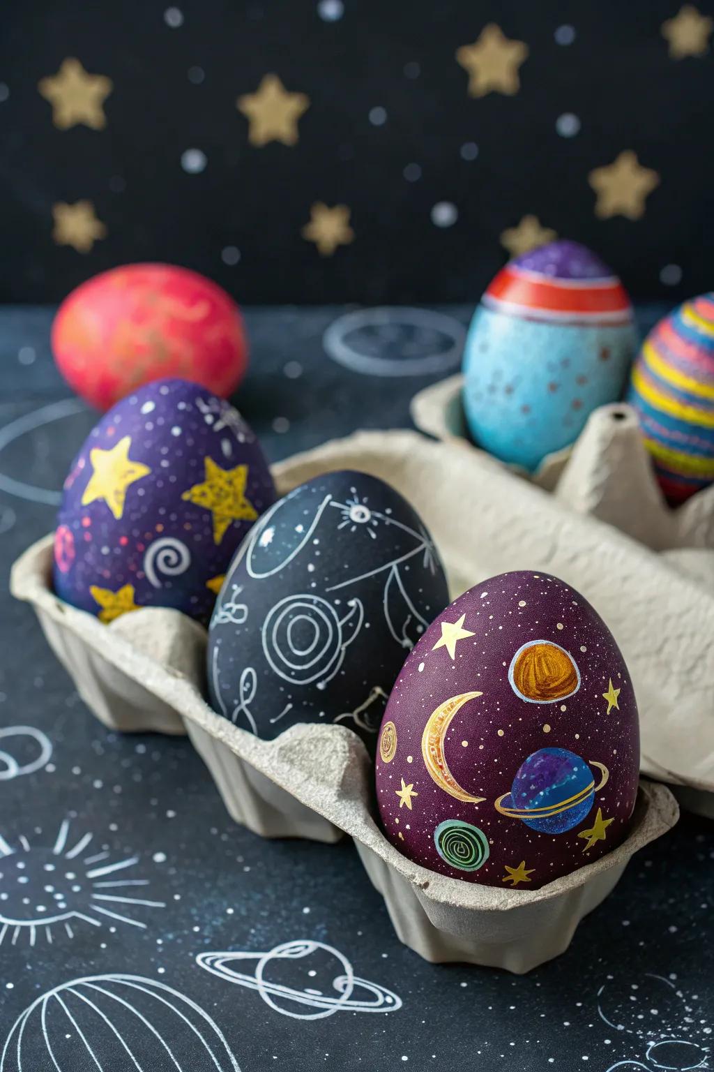Cosmos-themed eggs conveying cosmic allure to nocturnal celestial body congregations.