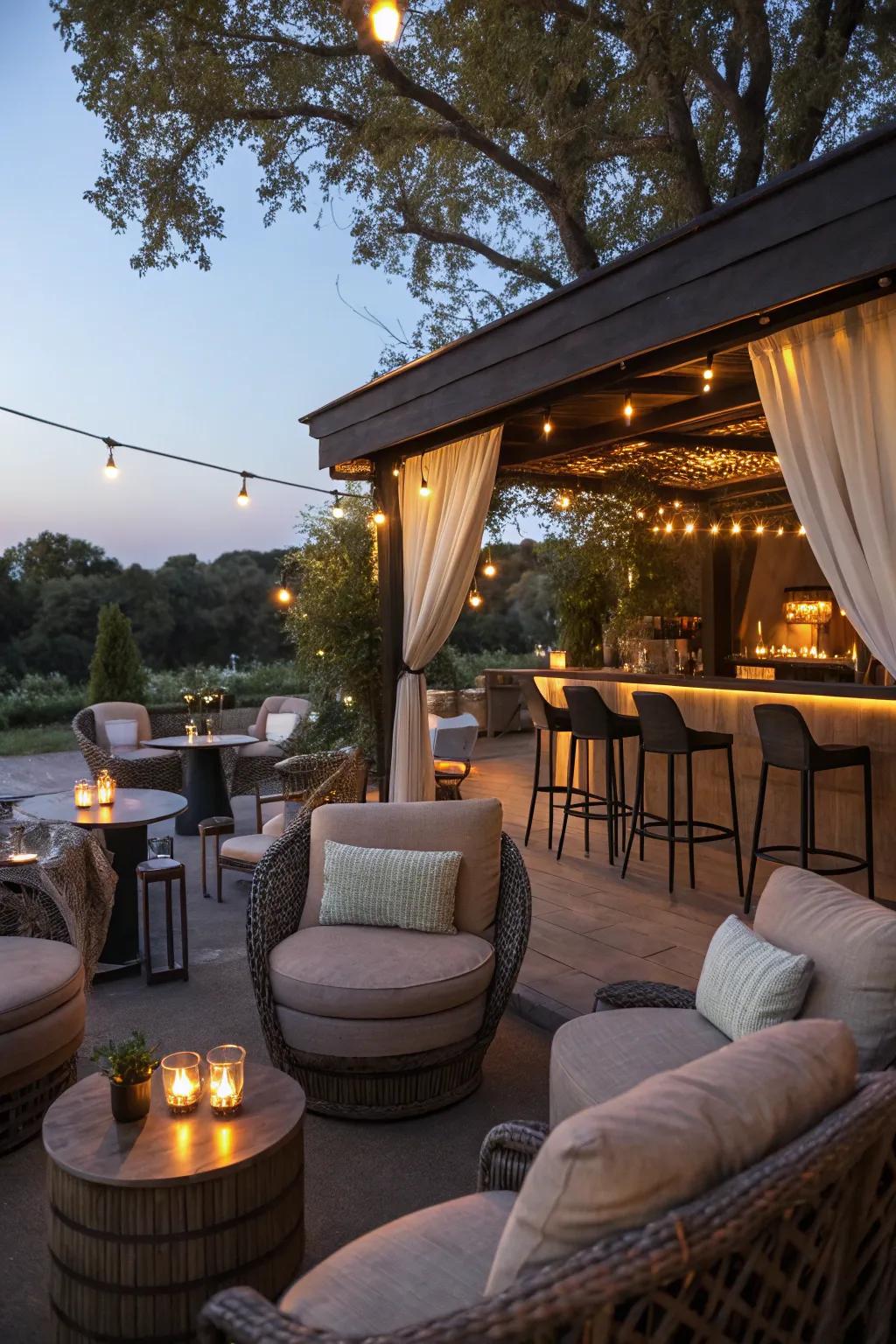 A corner niche metamorphosed into a comfortable outdoor bar.