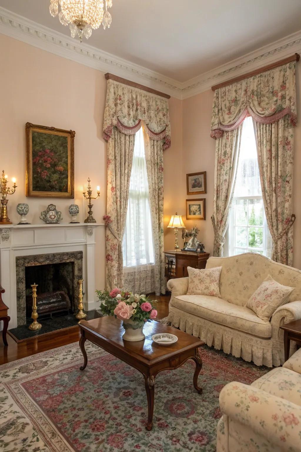 Vintage flowered drapes offer timeless charm and elegance.