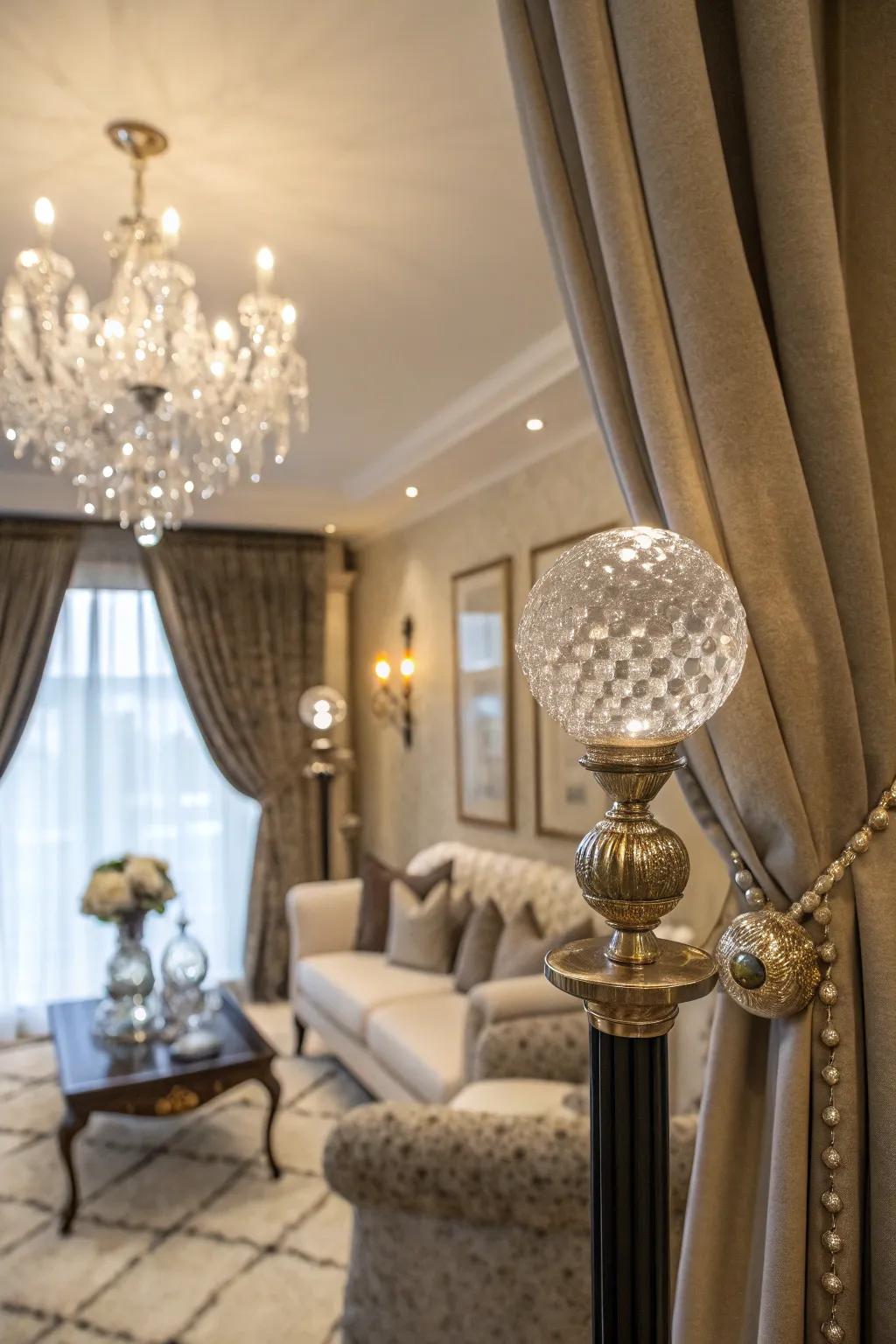 Vitreous end pieces adorning curtain rods contribute classical refinement and sparkle.