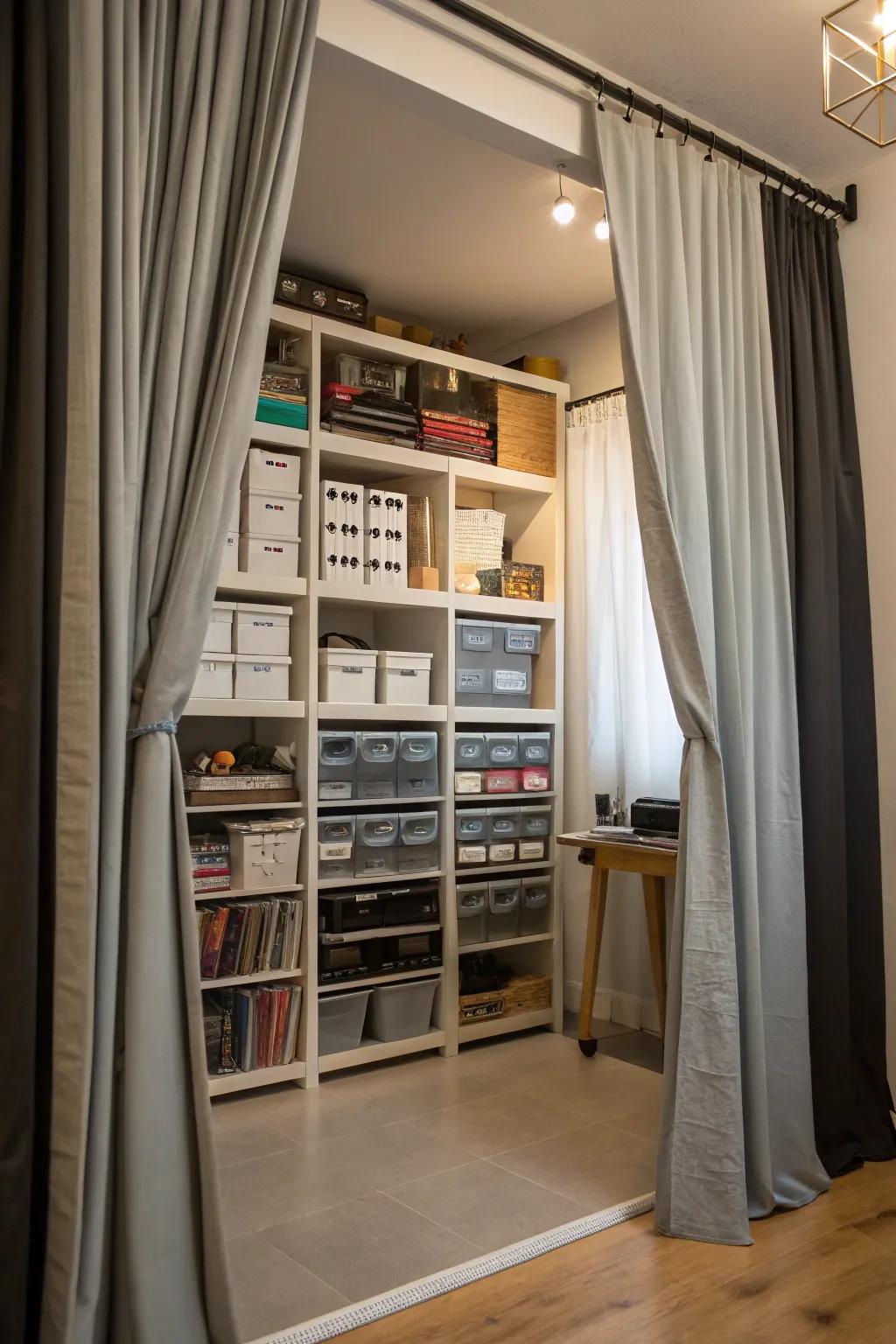 Maximize expanse with curtains and shelving.