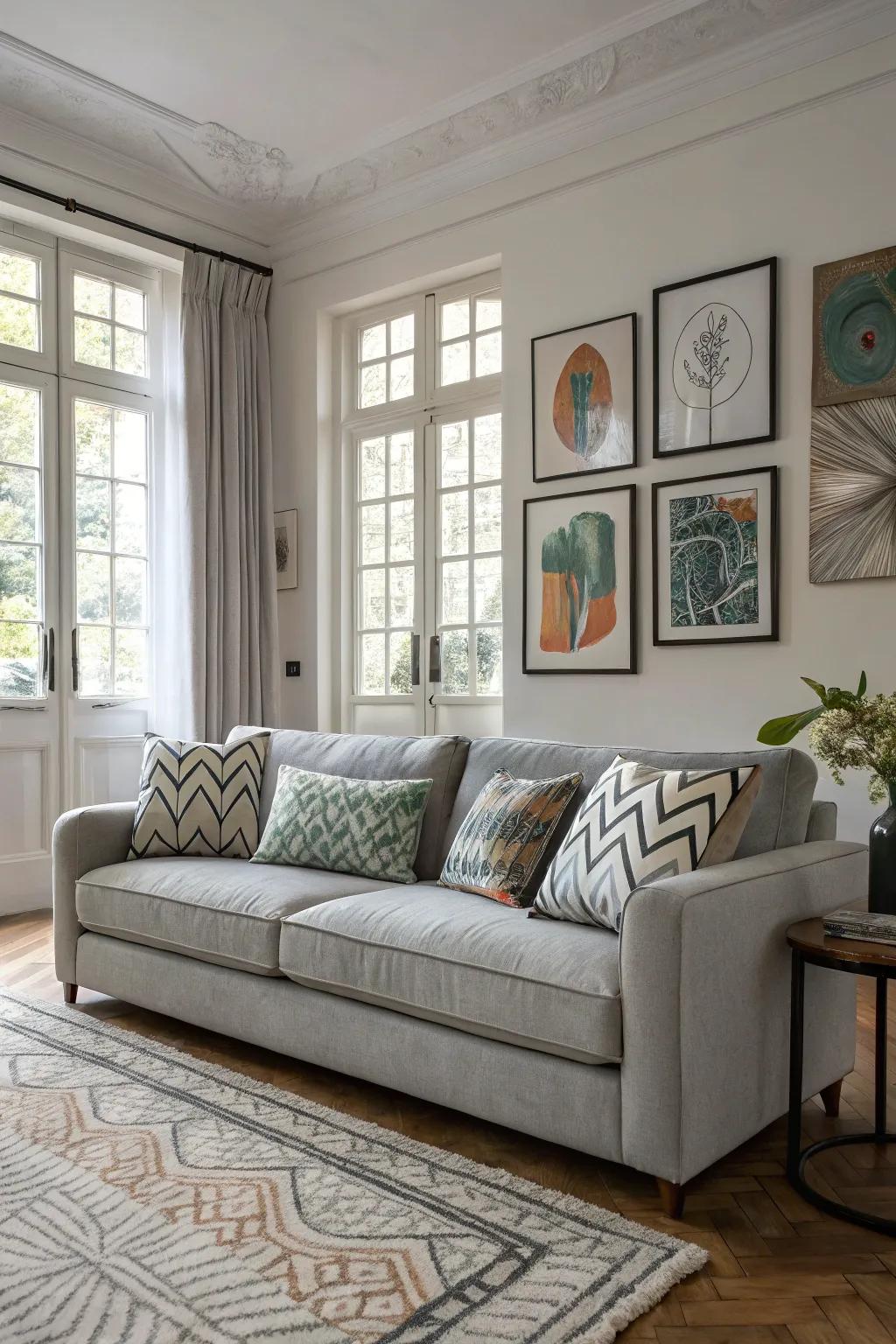 Conceptual designs contribute a creative flair to a grey couch.