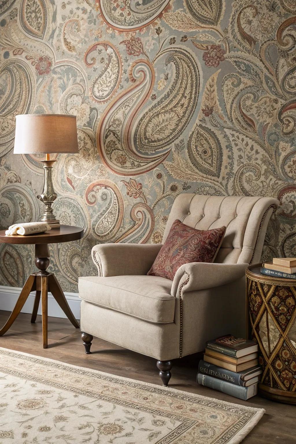 A reading corner featuring swirl pattern wall covering, offering elegance and comfort.