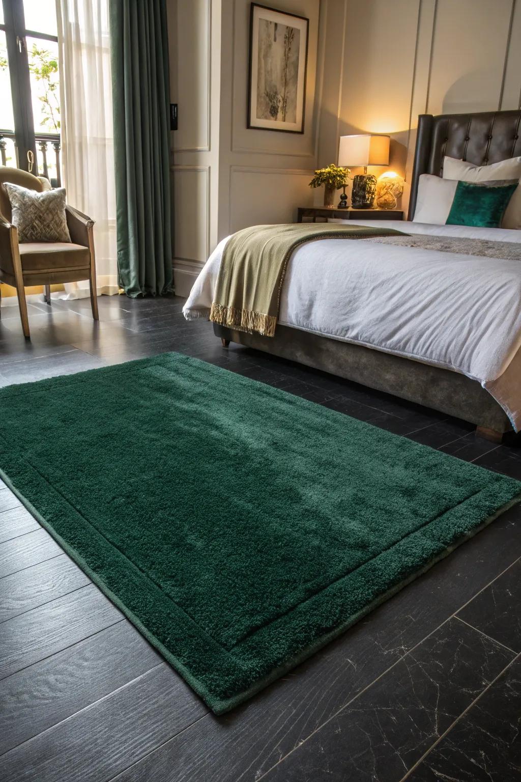 A green area rug softens ebony flooring beautifully.