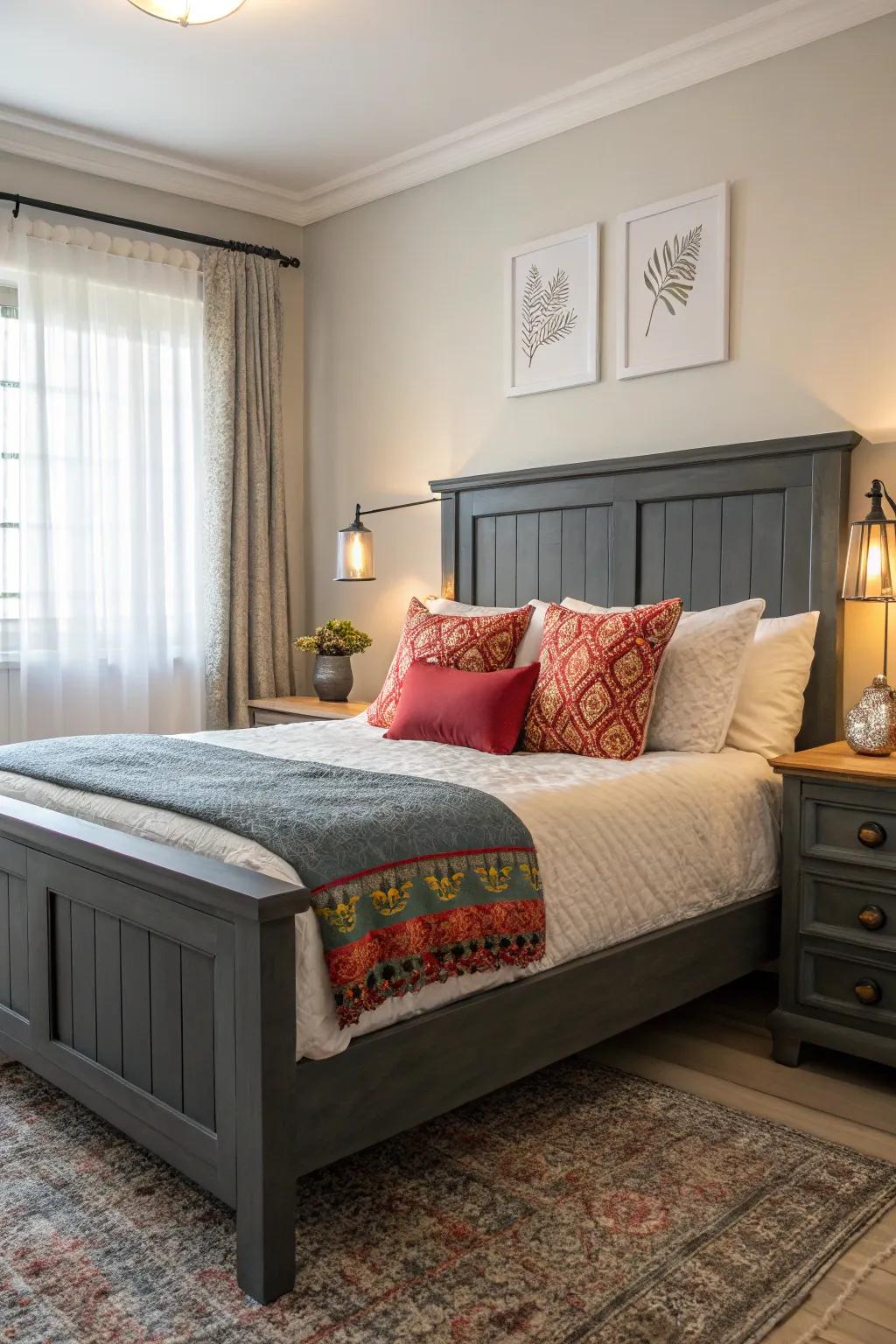 A pop of color adds energy and contrast to a grey-themed bedroom.