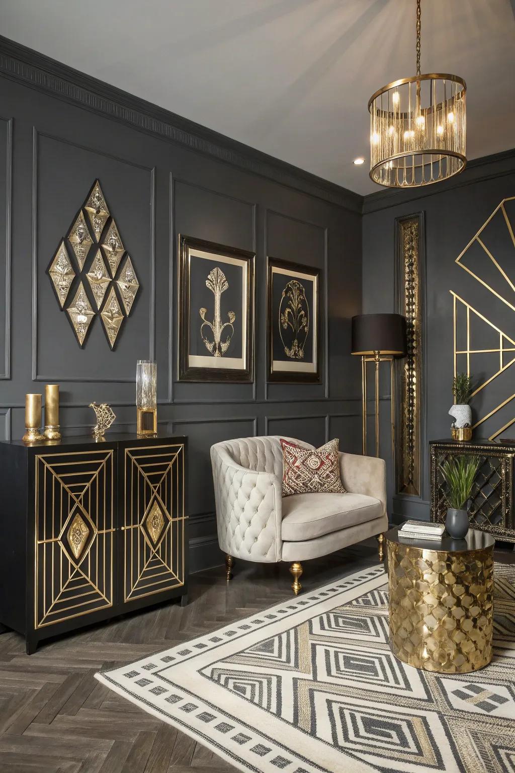 Art Deco elements adding glamour to a dark grey room.