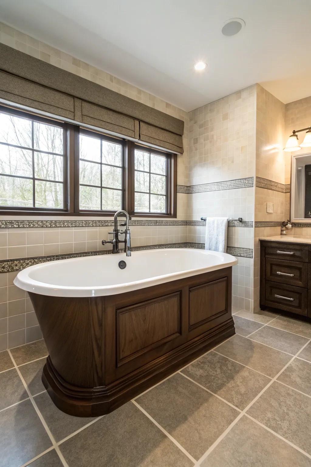 A freestanding tub featuring a deep wood surround offers a luxurious escape.
