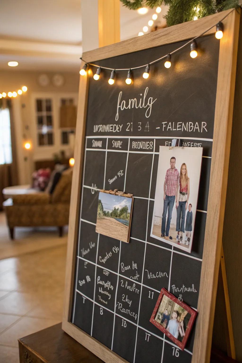 A bespoke chalkboard calendar featuring family photograph features.