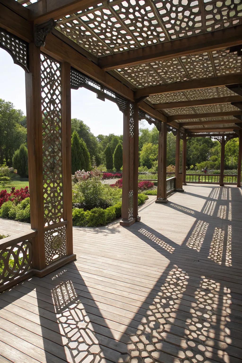 A pergola featuring geometric designs, adding a modern touch to a deck.