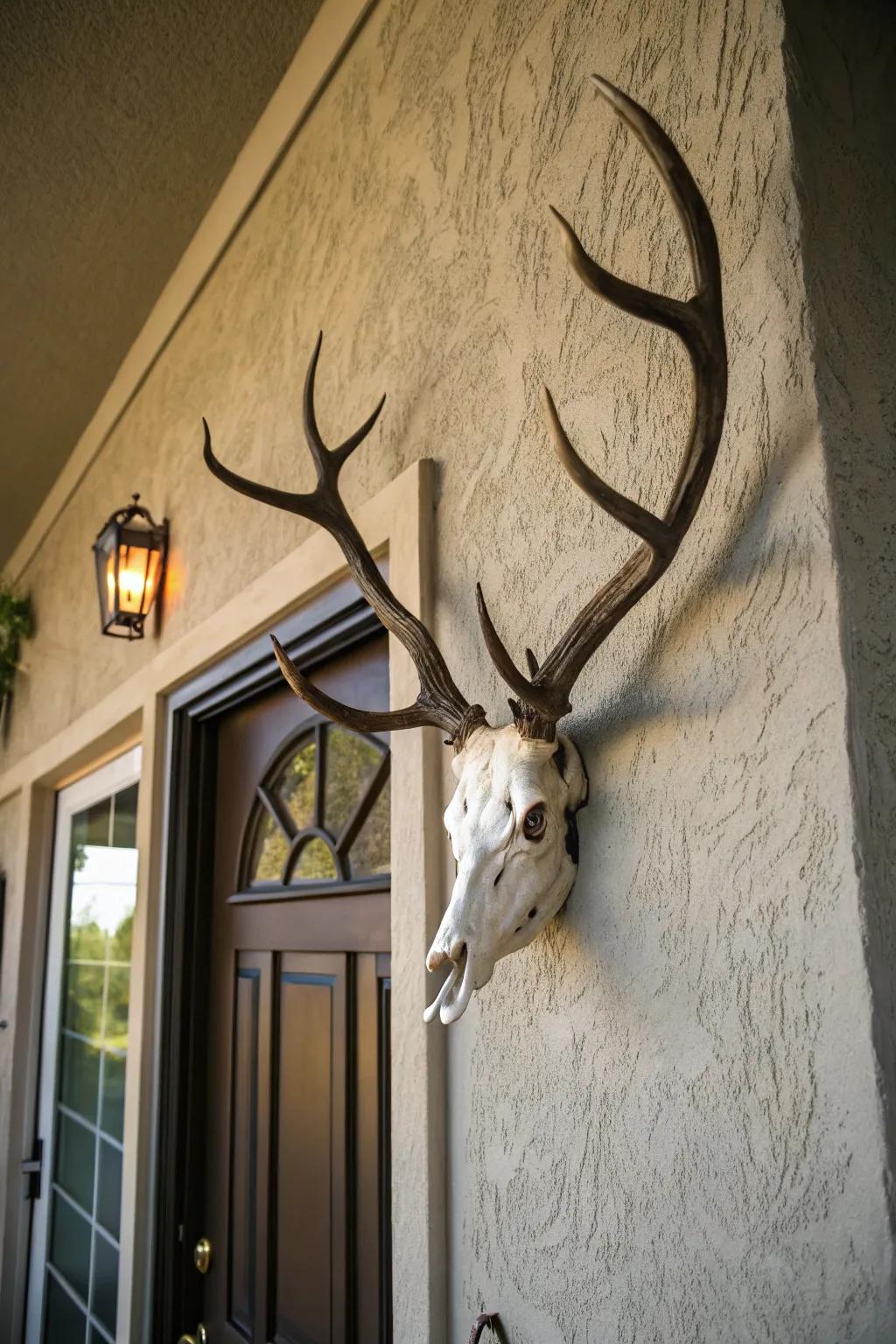 Artistic antler arrangements create a dynamic and sculptural influence.