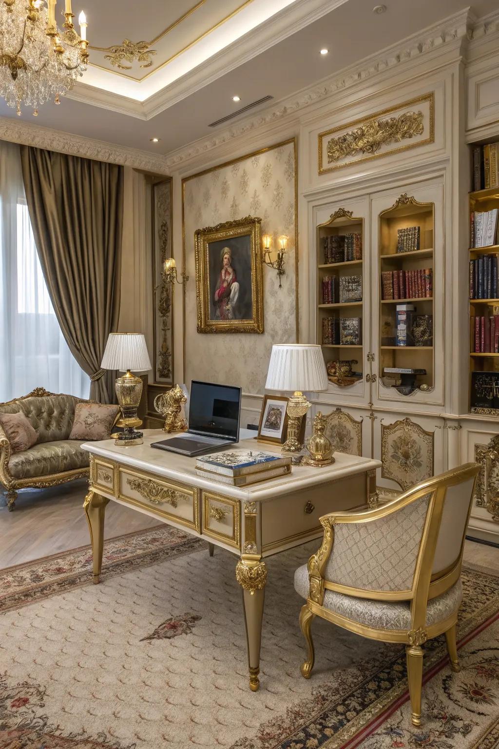 Gold-accented desks bring luxury and sophistication to your workspace.