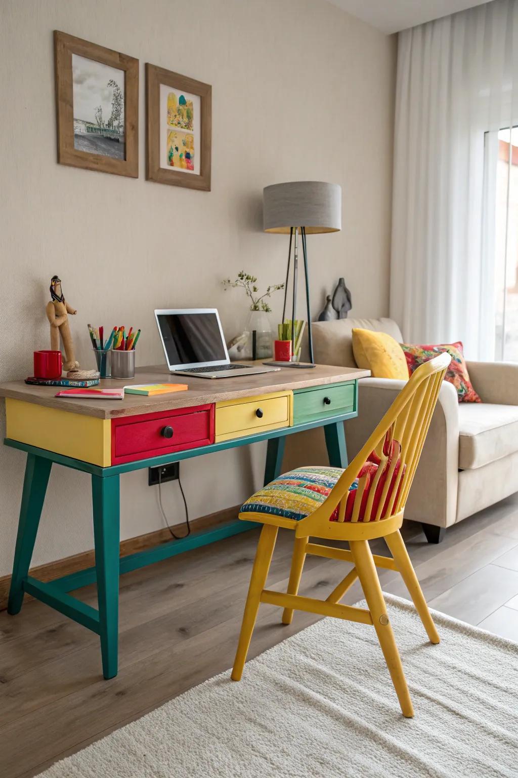 A vibrant hue infusion can invigorate your living room workspace.