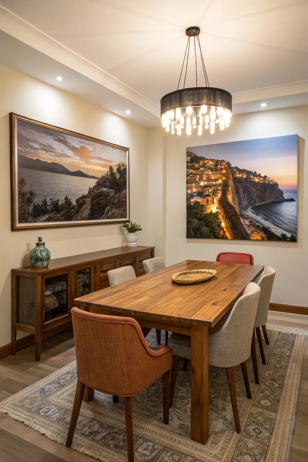 A dynamic photograph creates a striking statement within the dining room.