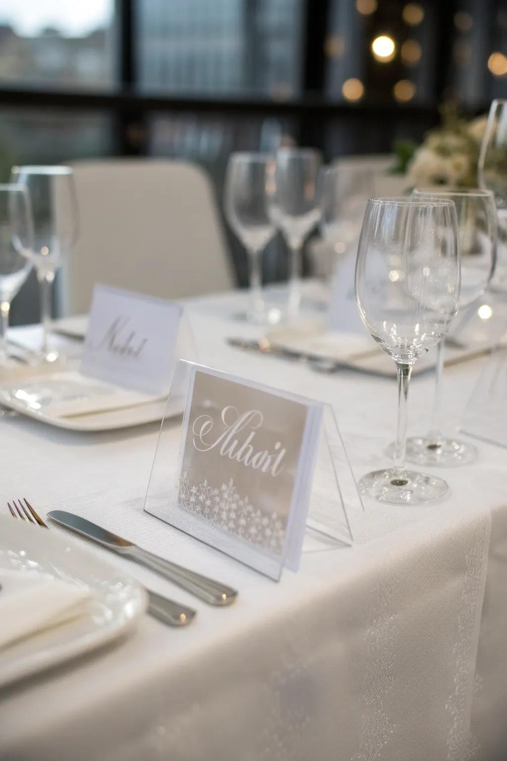 Perspex place cards enhance a modern edge.