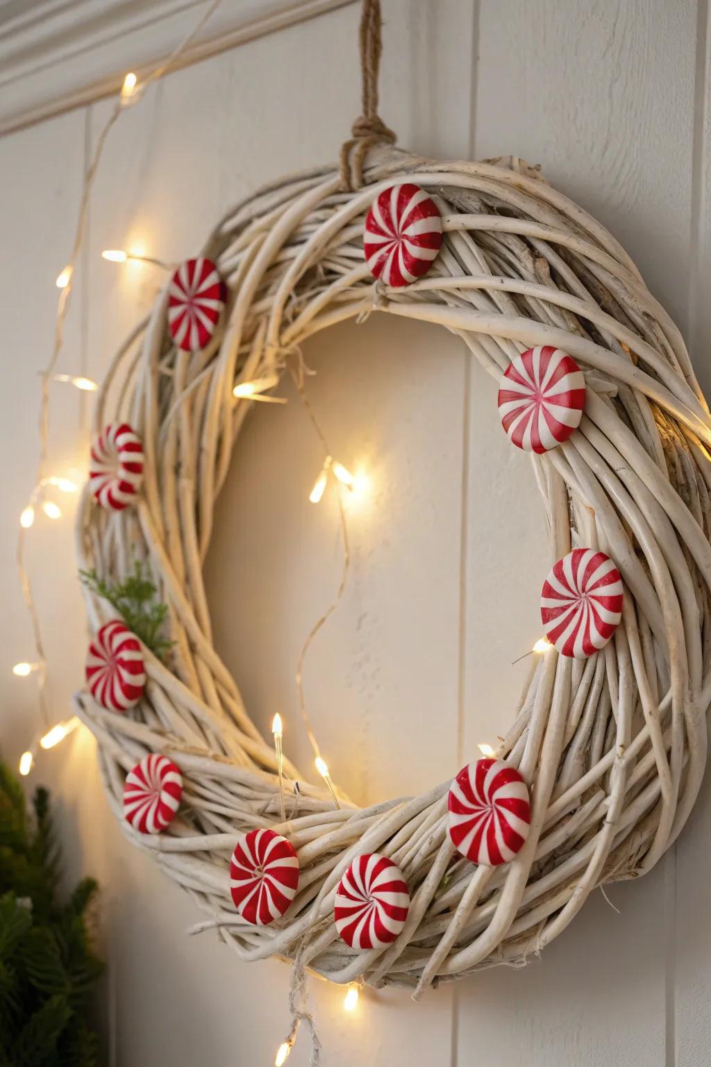 Indulge in the sweetness of the epoch through this captivating striped confection and peppermint wreath!