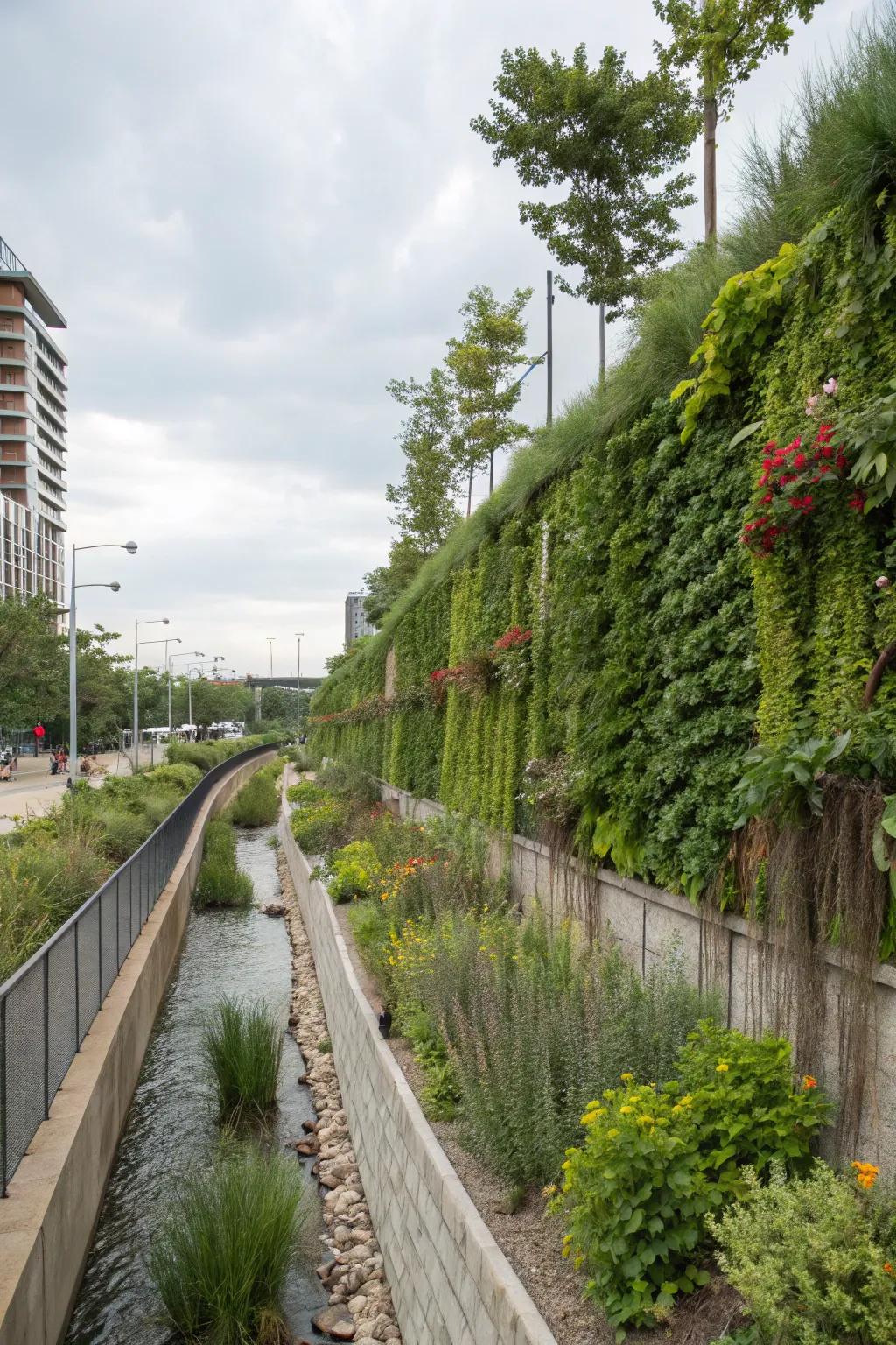 A vertical garden introduces an opulent wall effect to the edge of a swale.