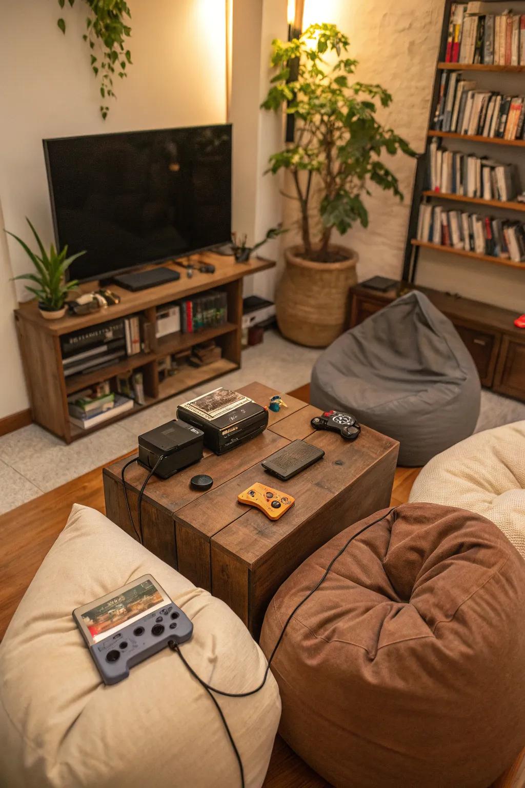 A gaming nook through beanbags delivers casual comfort.