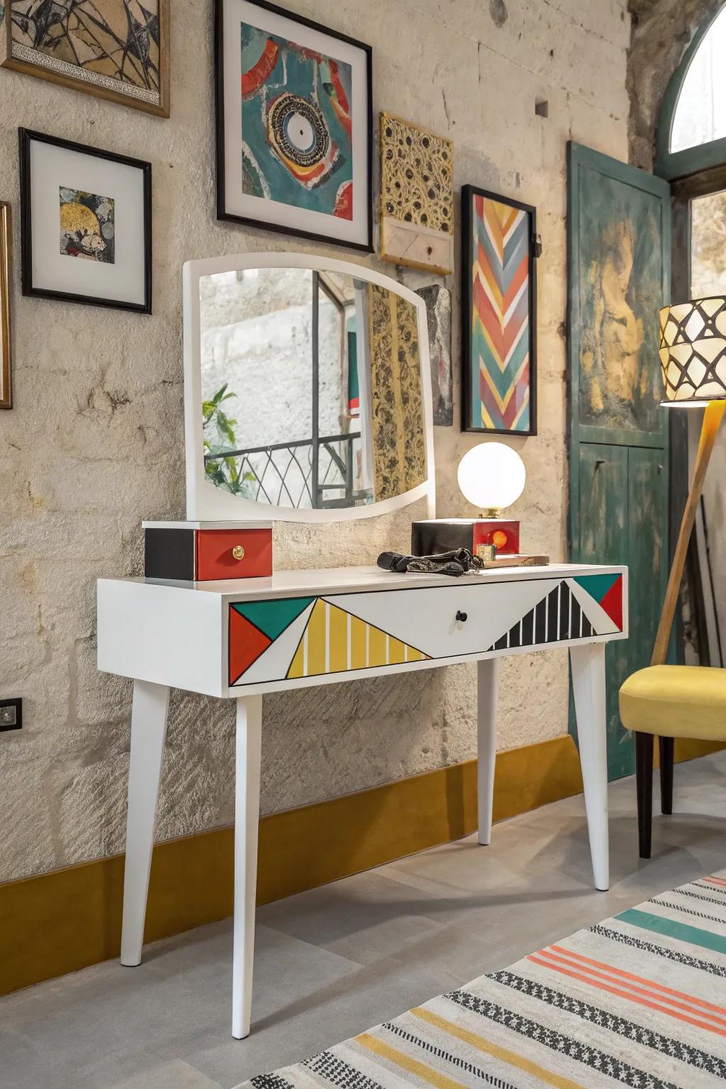 Introduce modern artistry with a geometric dressing table design.